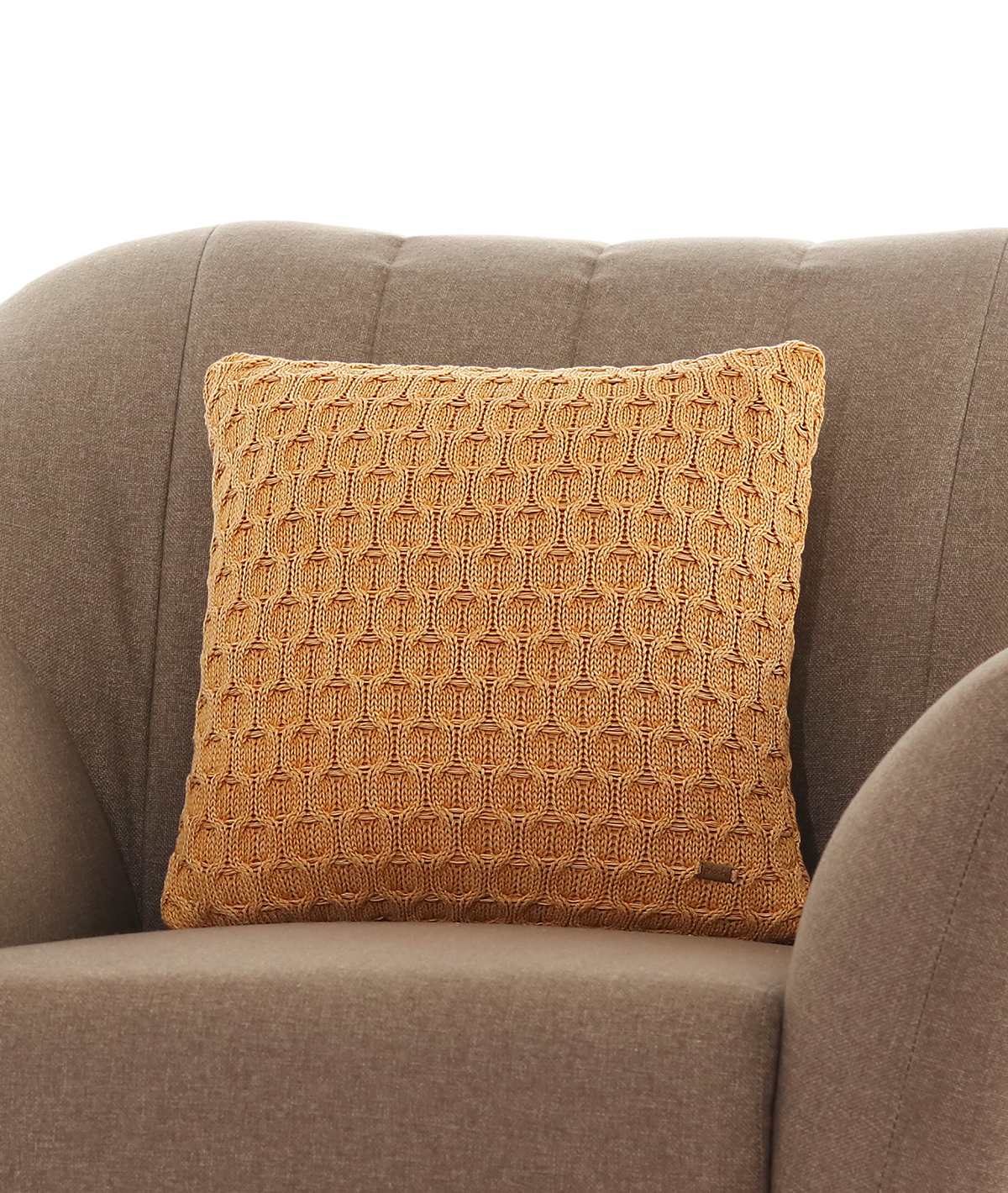 Kelly Knit Cotton Knitted Decorative Mustard Color 16 x 16 Inches Cushion Cover - Agarwal Bedding and Furnishing