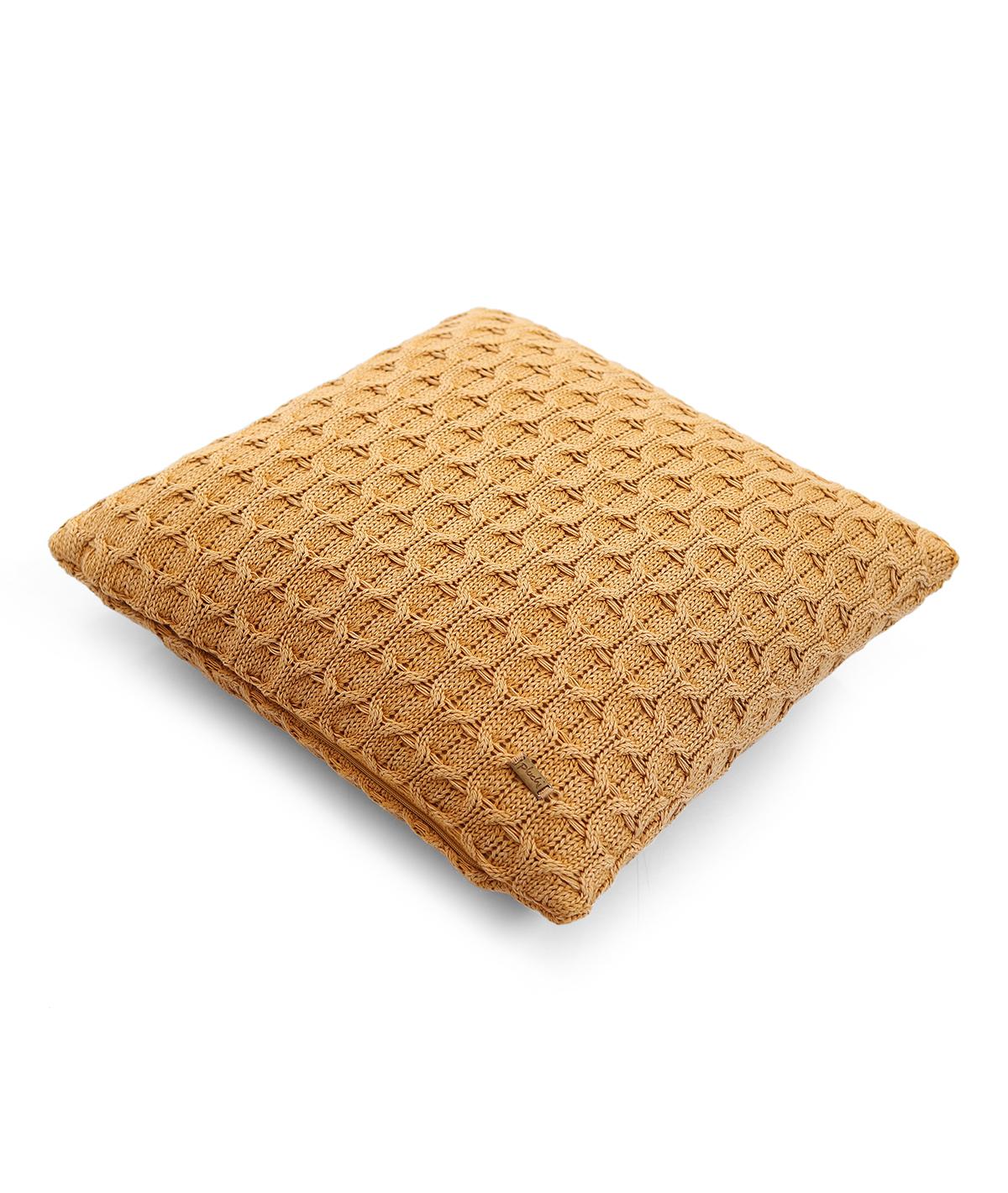 Kelly Knit Cotton Knitted Decorative Mustard Color 16 x 16 Inches Cushion Cover - Agarwal Bedding and Furnishing