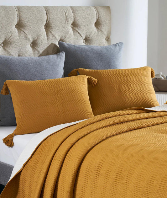 Enera Zig Zag Mustard Natural Color King Size Bedcover - enera