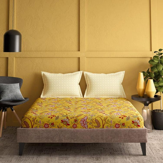 Enera Marvella Collection Yellow Printed King Size Double Bedsheet - enera