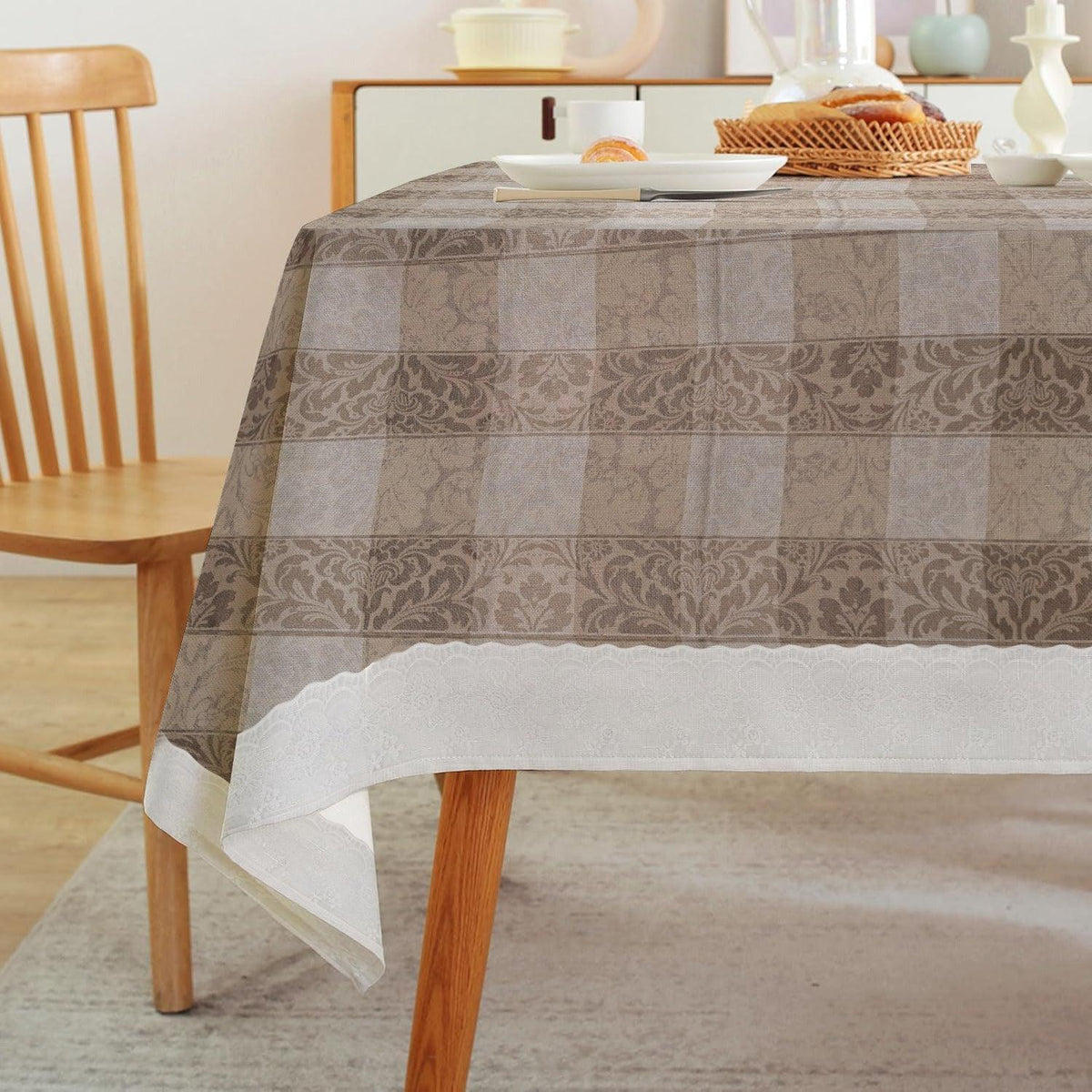 Enera Printed Rectangle Light Cream Color Table Cover (FLRA265WHBE) - enera
