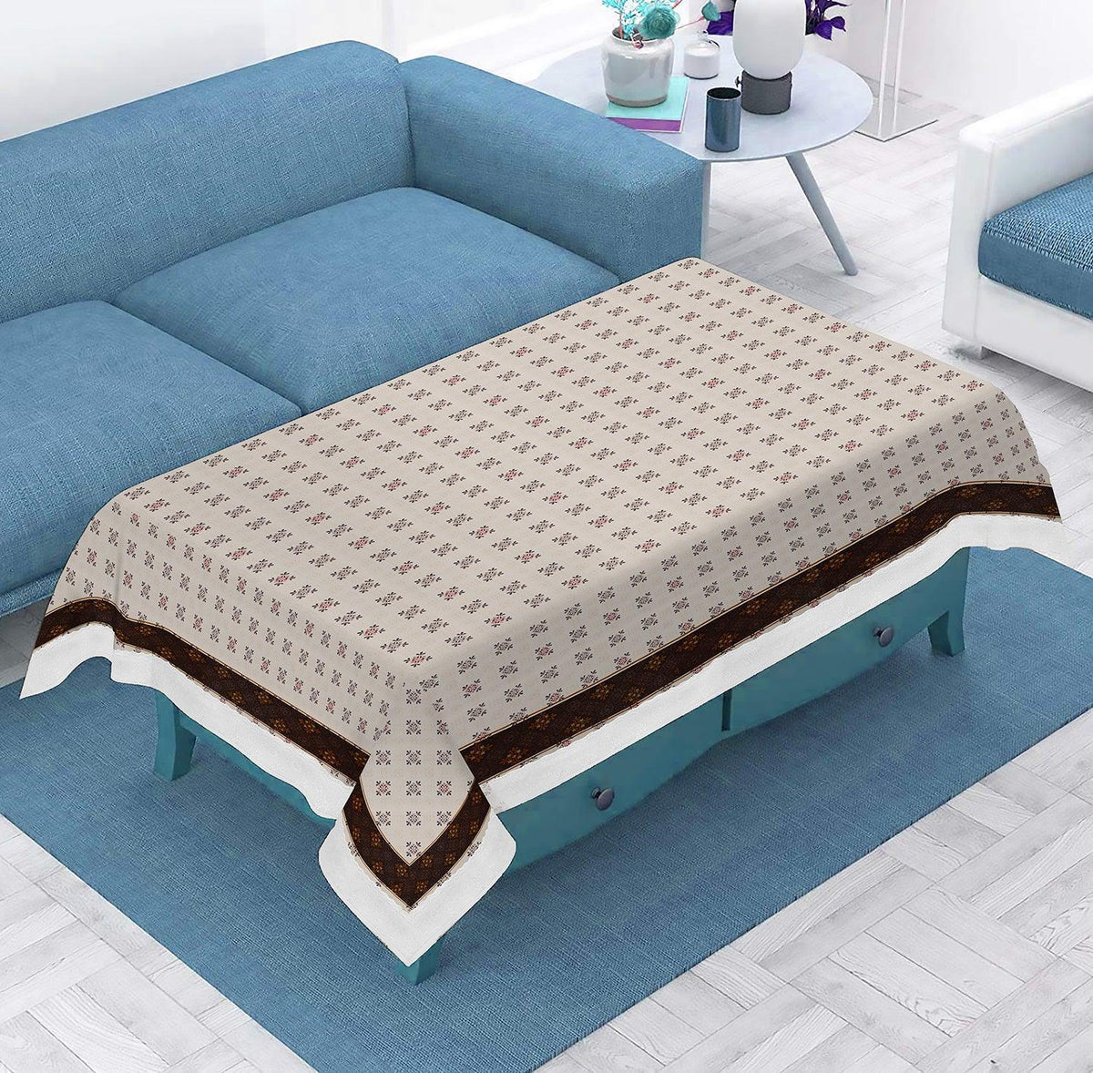Enera Tuscany Printed Rectangle White Color Center Table Cover - enera