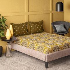 Enera Marvella Ornamental Beige & Brown King Size Double Bedsheet - enera
