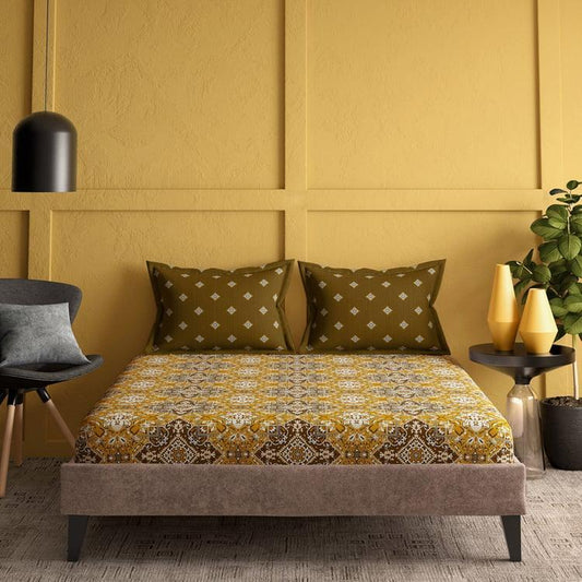 Enera Marvella Ornamental Beige & Brown King Size Double Bedsheet - enera