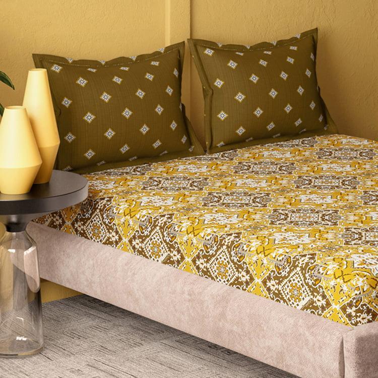 Enera Marvella Ornamental Beige & Brown King Size Double Bedsheet - enera