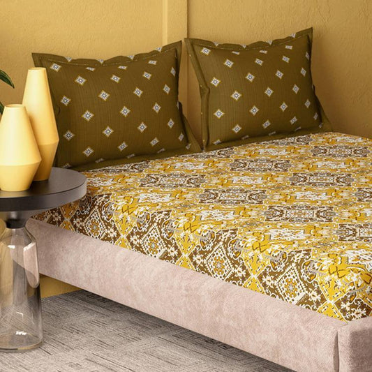 Enera Marvella Ornamental Beige & Brown King Size Double Bedsheet - enera