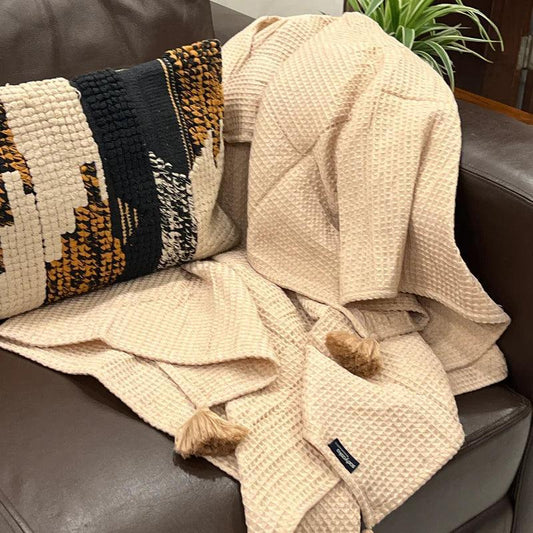 Enera Honeycomb-Oats Beige Color Woven Throw with Tassels - enera