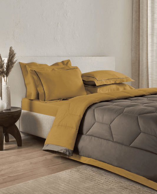 D'Decor Snuggle Collection Antique Gold & Mineral Grey Double Bed Comforter Set - enera