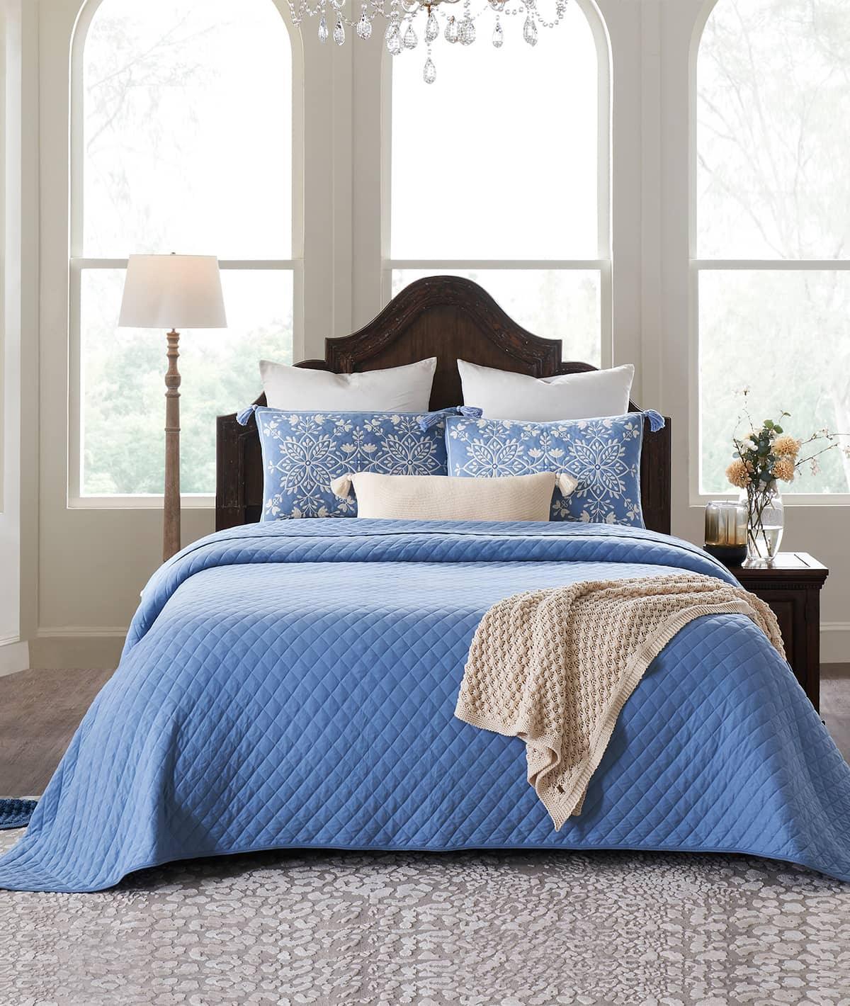 Enera Tartan Checks Sky Blue Color King Size Bedcover - enera