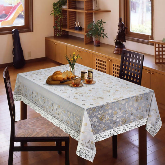 Enera Ivy Flower Texture Rectangle Table Cover With Lace White & Gold Color - enera