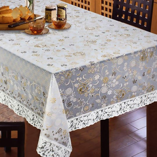 Enera Ivy Flower Texture Rectangle Table Cover With Lace White & Gold Color - enera