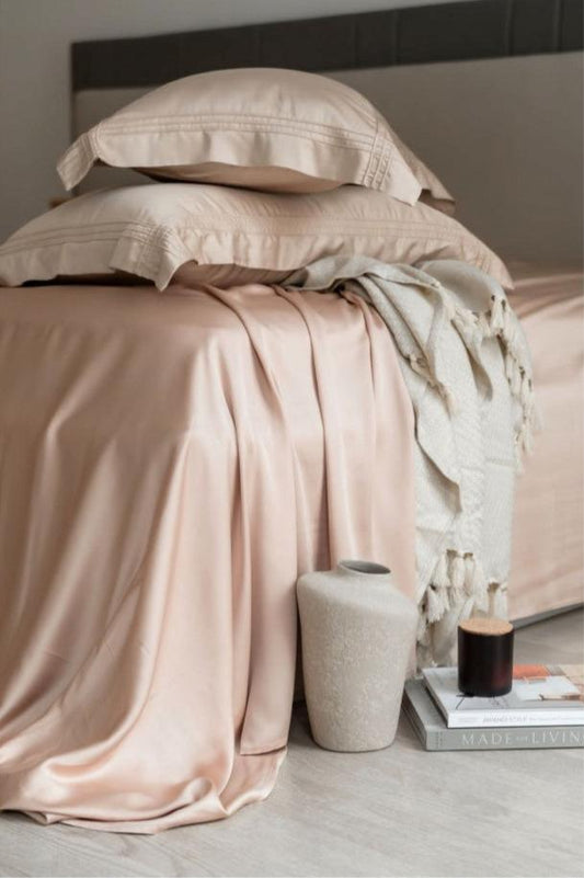 Enera Bamboo Collection Peach Cream Color Plain King Size double Bedsheet with 2 pillow covers - enera