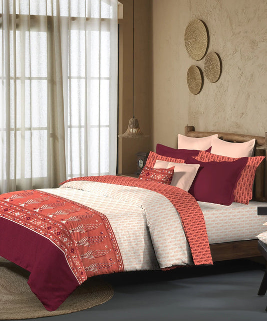 Enera Sanskriti Collection Paithani Red Color King Size Bedsheet Set - enera