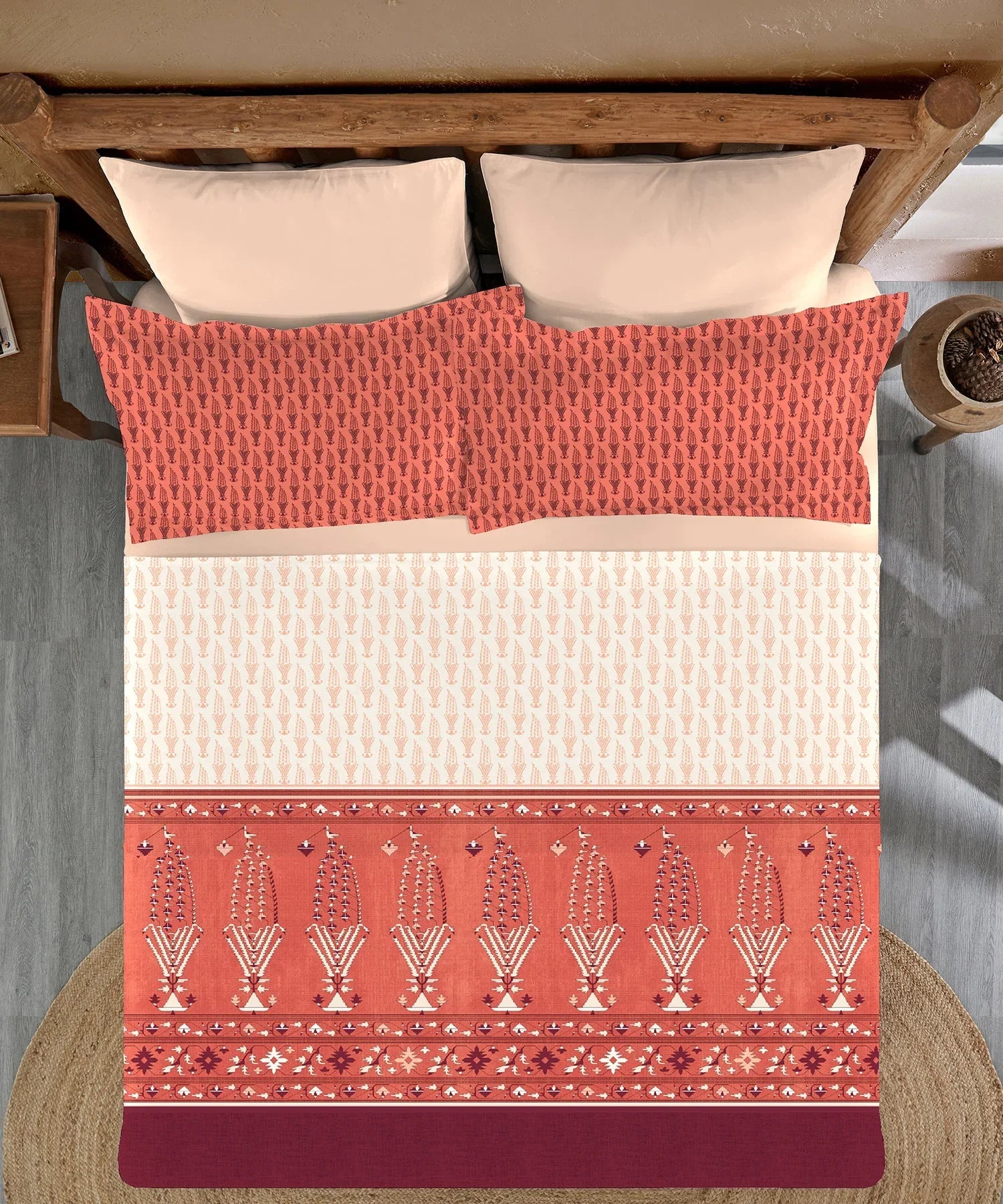 Enera Sanskriti Collection Paithani Red Color King Size Bedsheet Set - enera