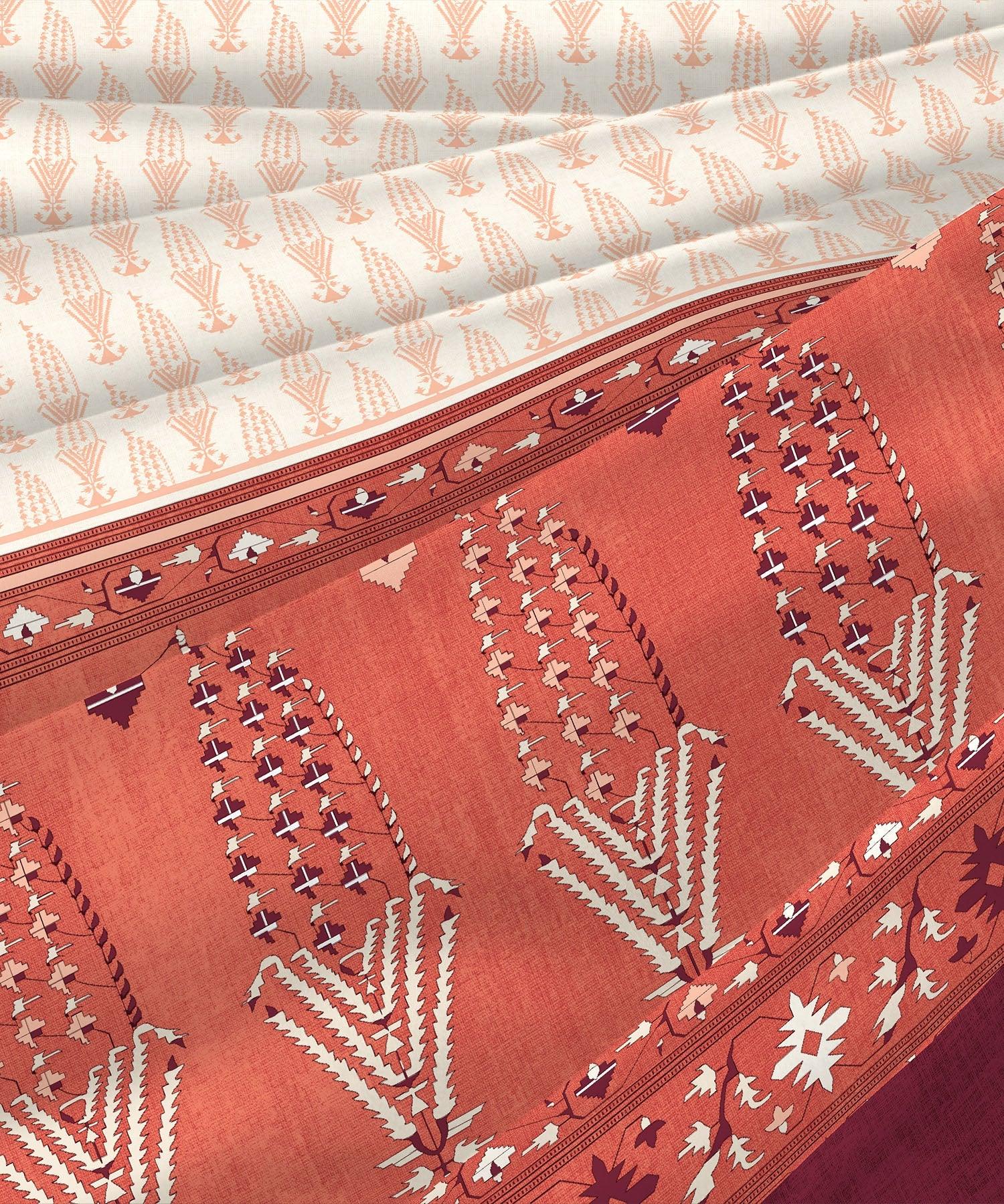 Enera Sanskriti Collection Paithani Red Color King Size Bedsheet Set - enera