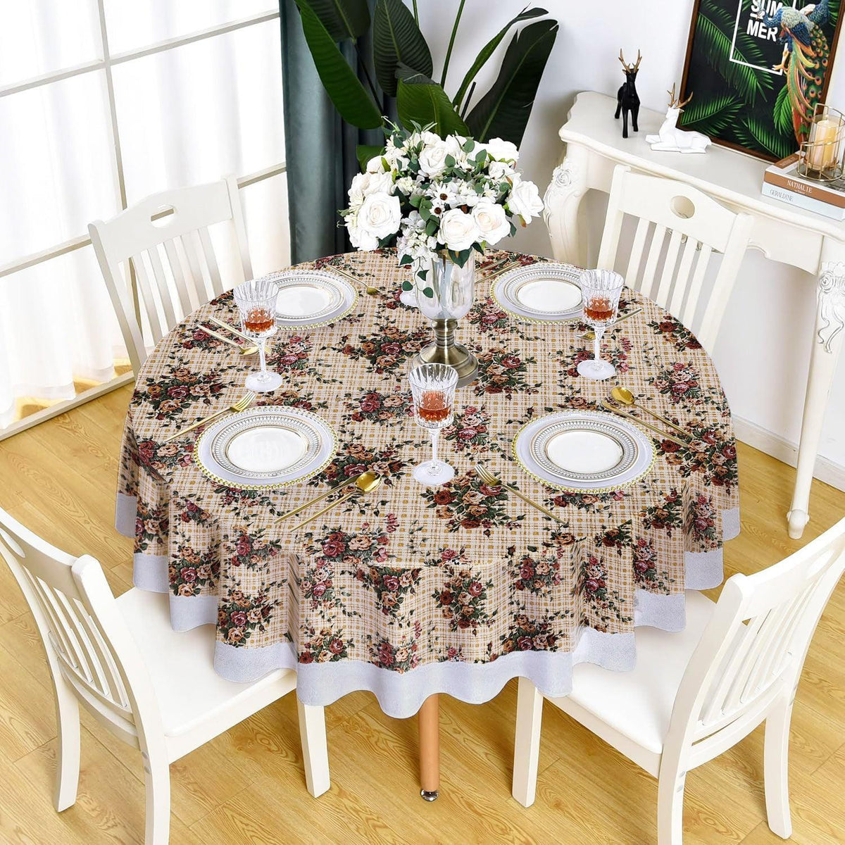 Enera Printed Round Cream Color Table Cover - enera