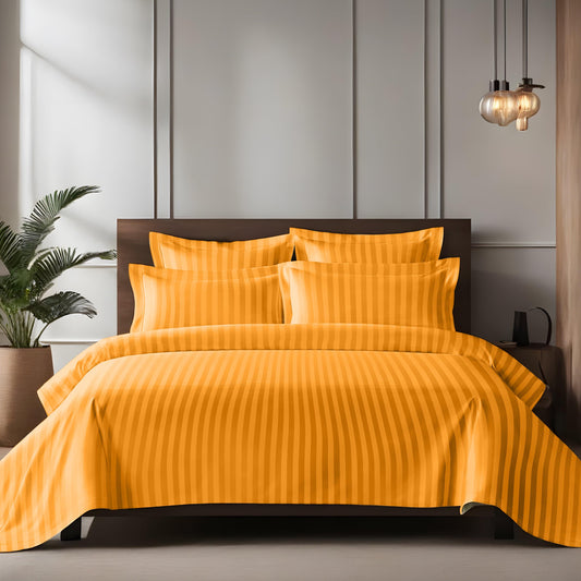 Enera Horizon Satin Stripe Yellow Ochre color King Size double Bedsheet with 2 pillow covers - enera