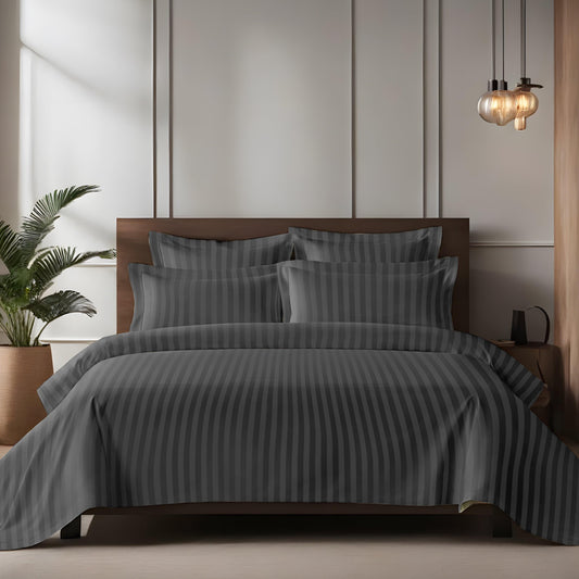 Enera Horizon Satin Stripe Shadow Grey color King Size double Bedsheet with 2 pillow covers - enera