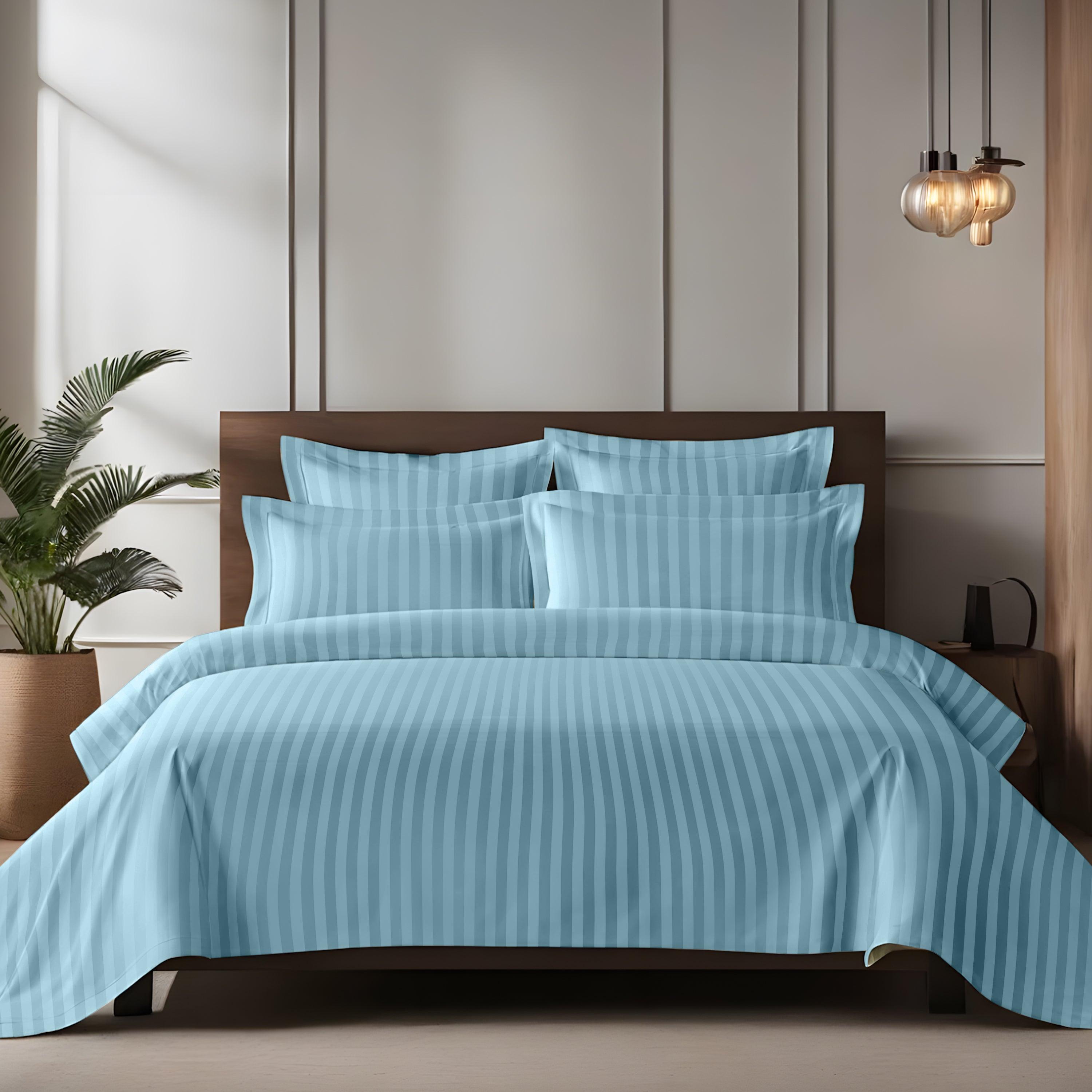 Enera Horizon Satin Stripe Sapphire Blue Color King Size Bedsheet With 2 Pillow Covers-300TC(100% Cotton) - enera