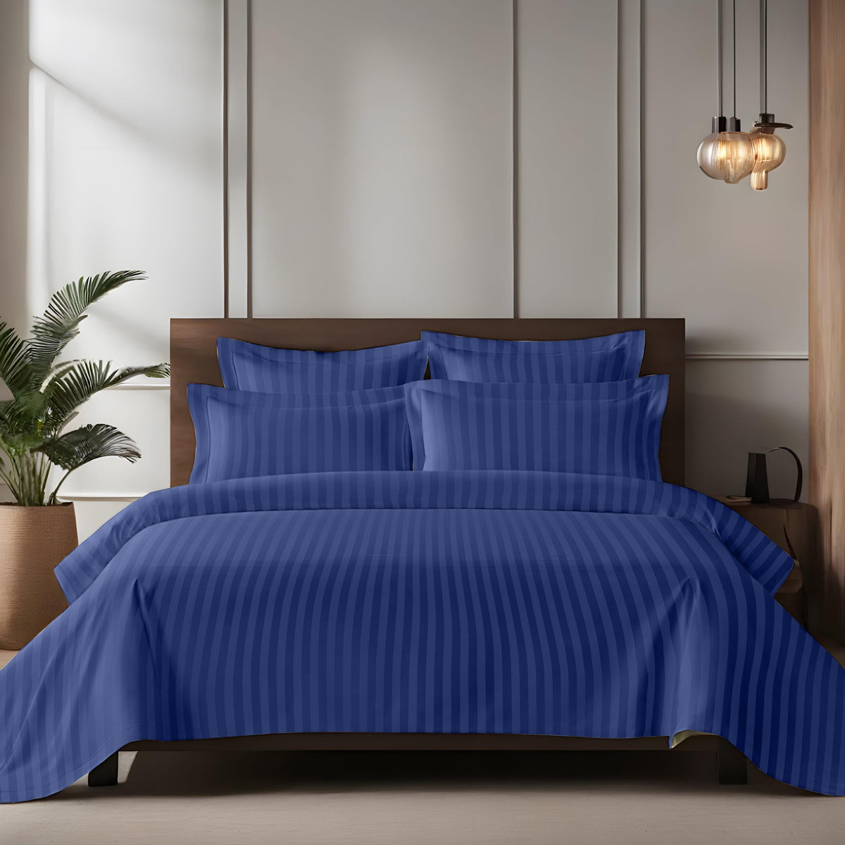 Enera Horizon Satin Stripe Indigo Blue Color King Size Bedsheet With 2 Pillow Covers-300TC(100% Cotton) - enera
