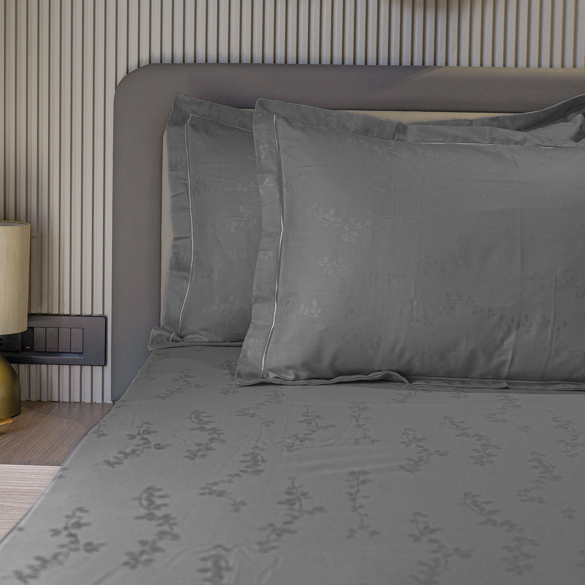 Enera Jacquard Tendril Collection Graphite Grey Color King Size Bedsheet-300 TC(100% Cotton) - enera