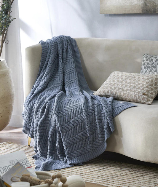 Enera Chevron Blue Grey Color Cotton Throw - enera