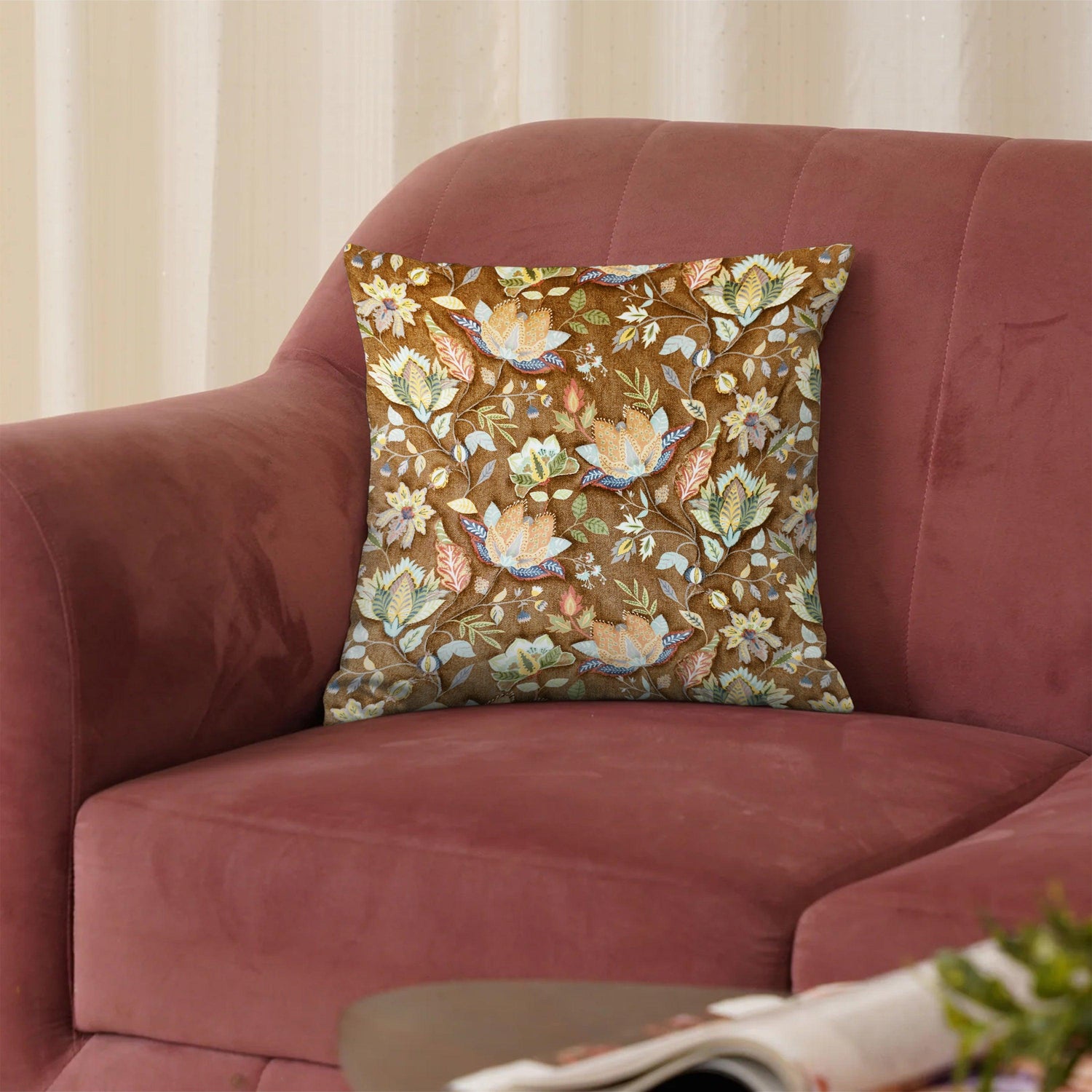 Enera Marc Swed Emboss Brown Color 16x16 Inch Cushion Cover - enera