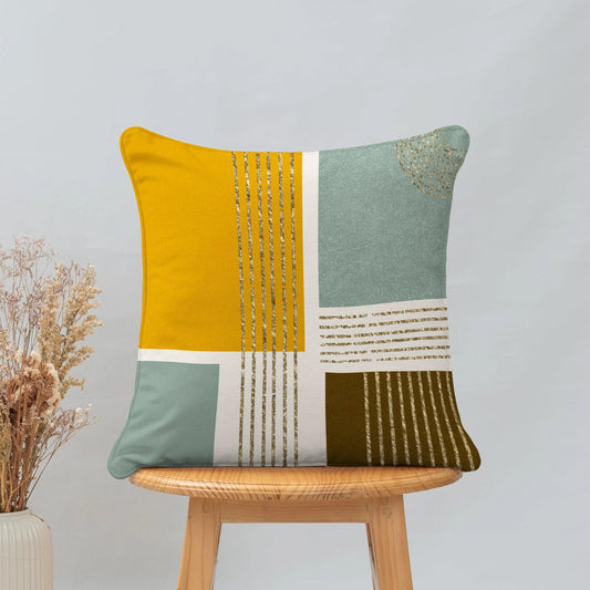 Enera Marc Velvet Fozla Check Yellow Blue Color 16x16 Inch Cushion Cover - enera