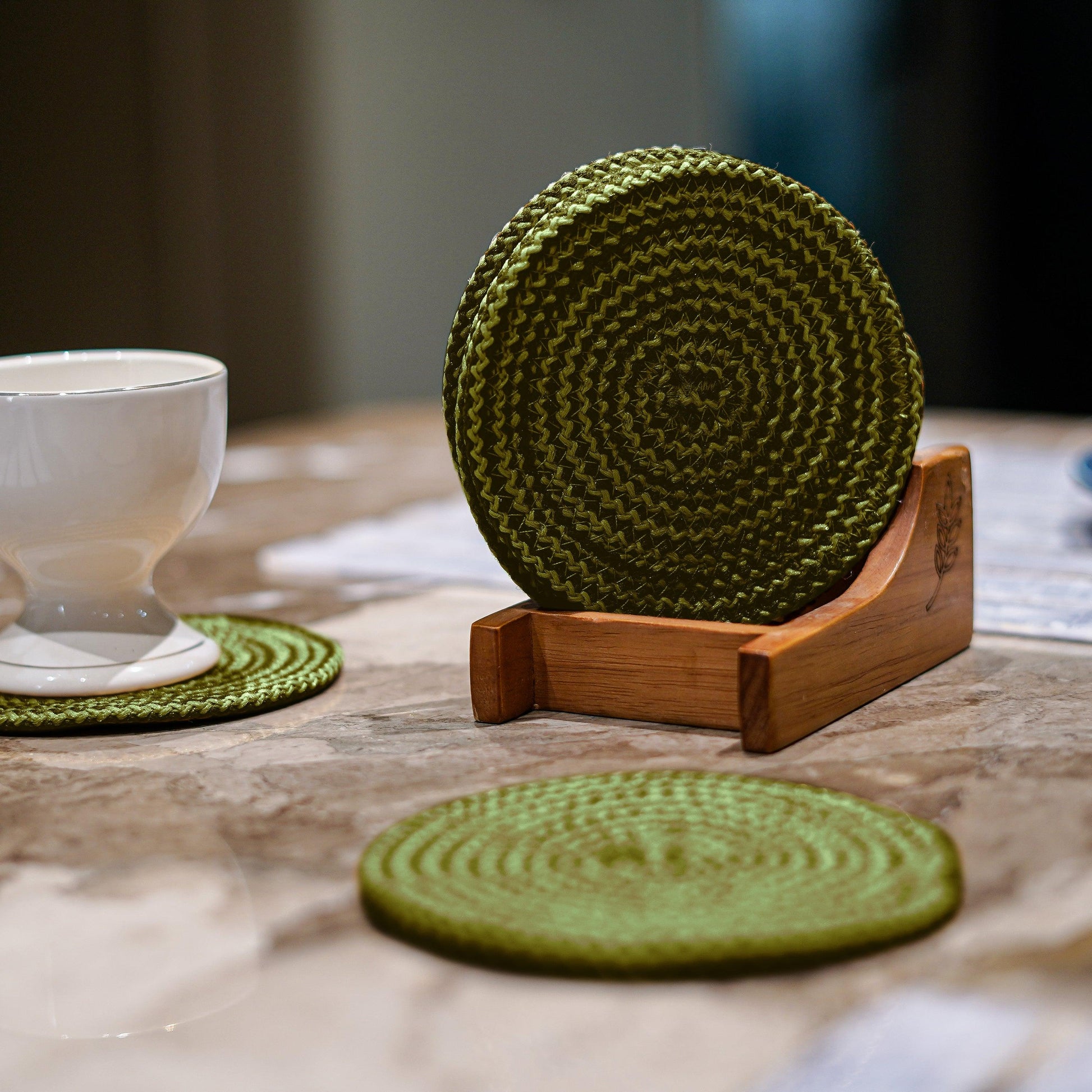 Enera Knit Craft Olive Color 12cm Round Coaster (6 pcs set) - enera
