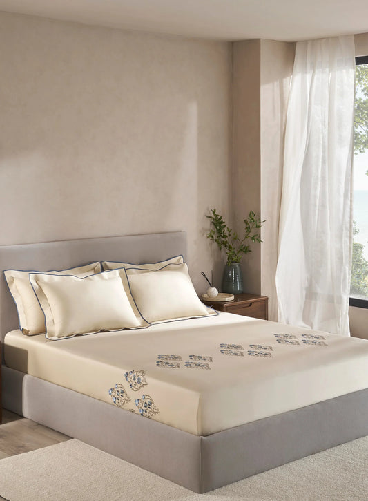 Ebury Birch Embroidered 100% Cotton King Size Bedsheet Set with 2 Pillow Covers