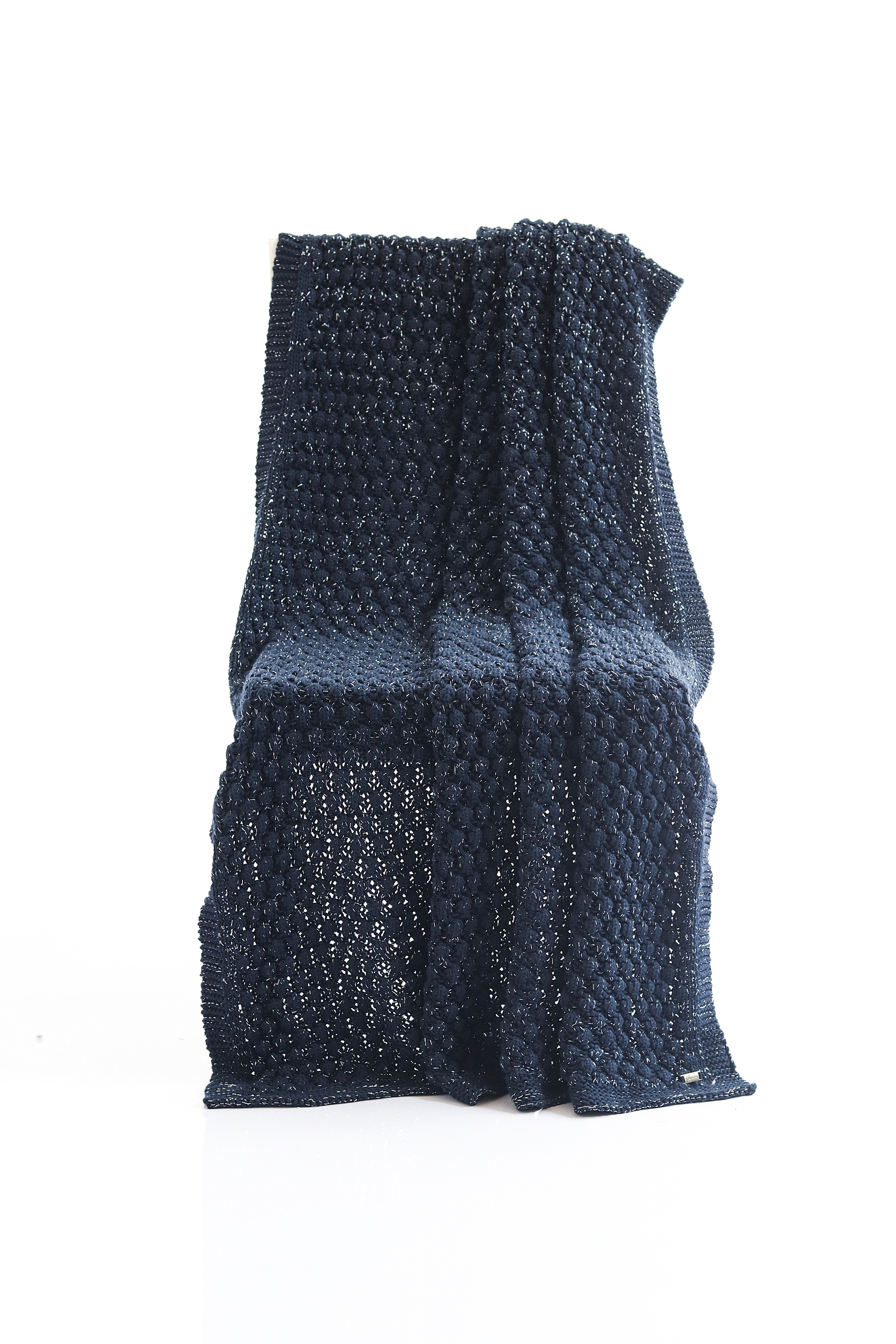 Pluchi Popcorn - Navy with Silver Metallic Yarn 100% Cotton Knitted All Season AC Throw Blanket - Agarwal Bedding and Furnishing