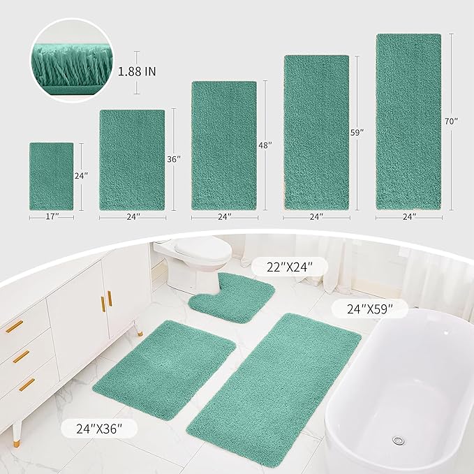 Turquoise bath mat set in multiple sizes displayed in a modern bathroom with measurements
