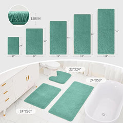 Turquoise bath mat set in multiple sizes displayed in a modern bathroom with measurements