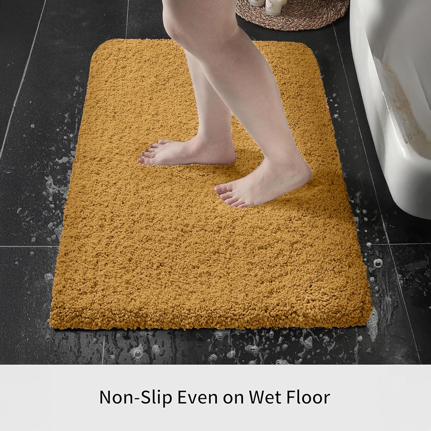 Person standing on a non-slip chenille bathmat on a wet bathroom floor.