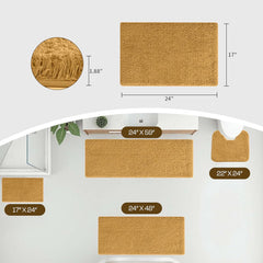 Golden brown bathmats in multiple sizes with dimensions, textured close-up, arranged in bathroom.