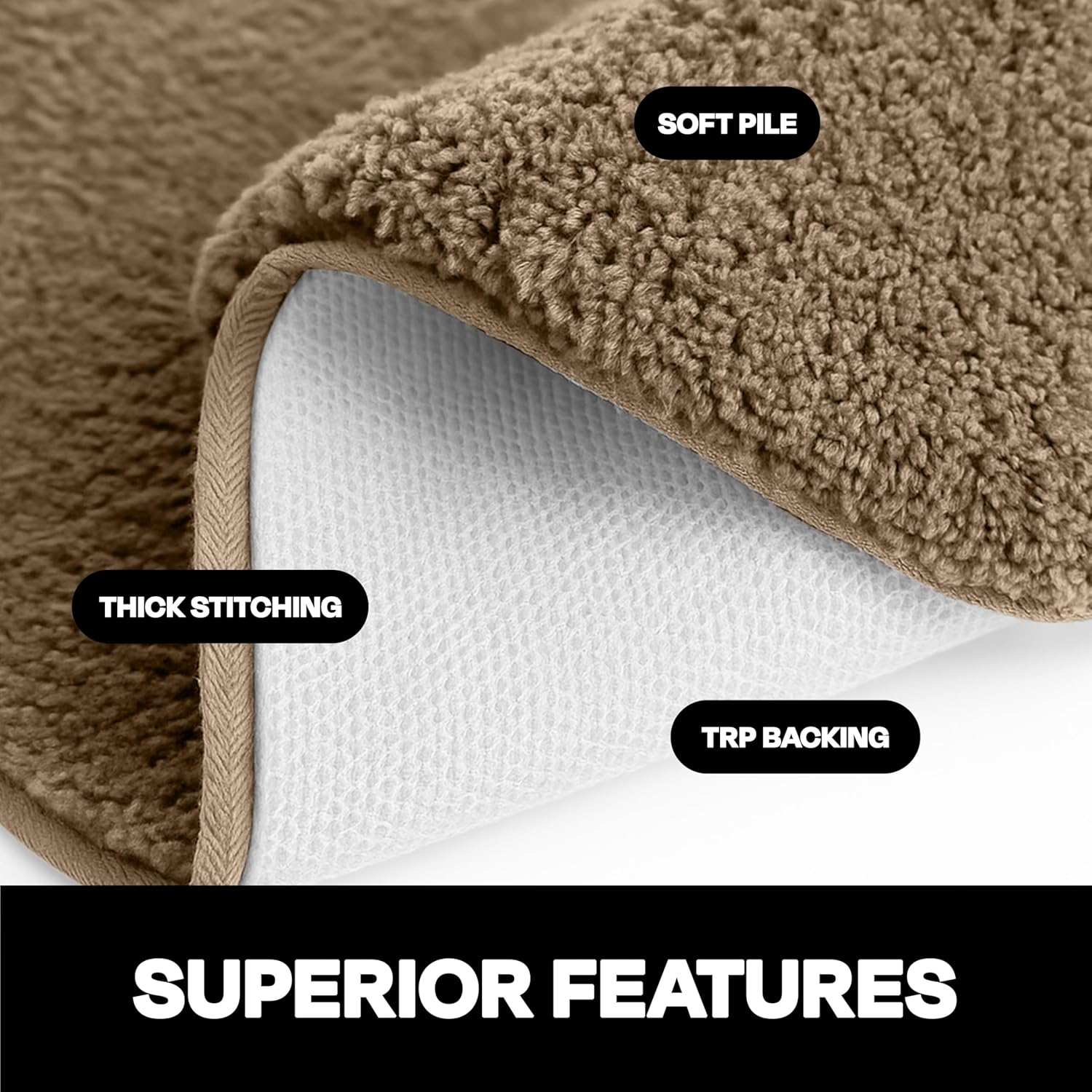 Close-up of a brown bathmat showing soft pile, thick stitching, and TRP anti-slip backing.