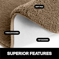 Close-up of a brown bathmat showing soft pile, thick stitching, and TRP anti-slip backing.