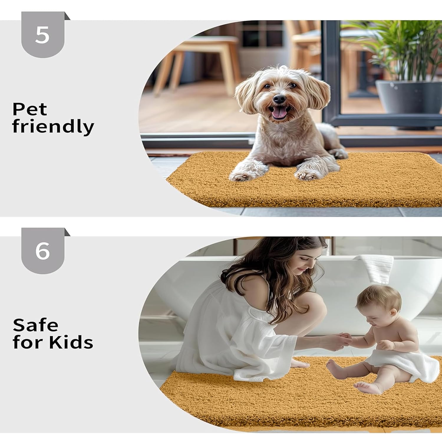 Golden bathmat shown as pet friendly with dog and safe for kids with mother and baby in bathroom