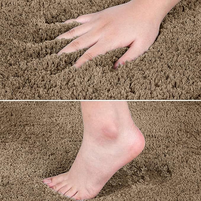 Hand and foot touching a soft, brown shaggy bathmat, showing plush texture