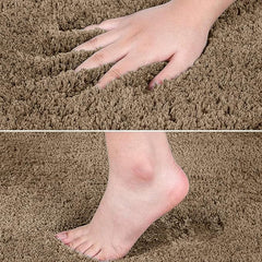 Hand and foot touching a soft, brown shaggy bathmat, showing plush texture