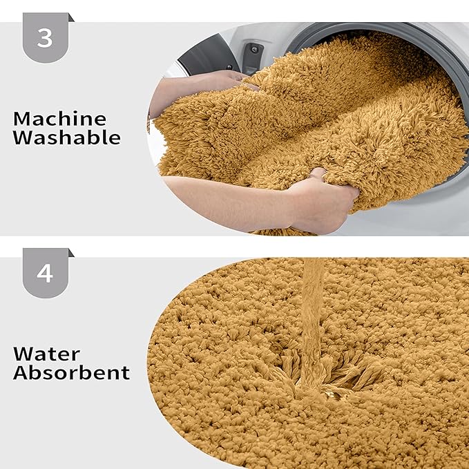 Yellow bathmat shown being machine washed and absorbing water, highlighting washable and absorbent features.