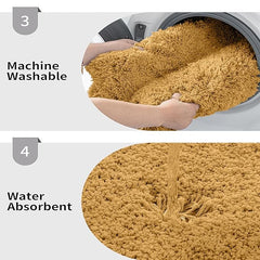 Yellow bathmat shown being machine washed and absorbing water, highlighting washable and absorbent features.