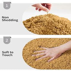 Hand testing a brown bathmat for non-shedding and soft to touch qualities
