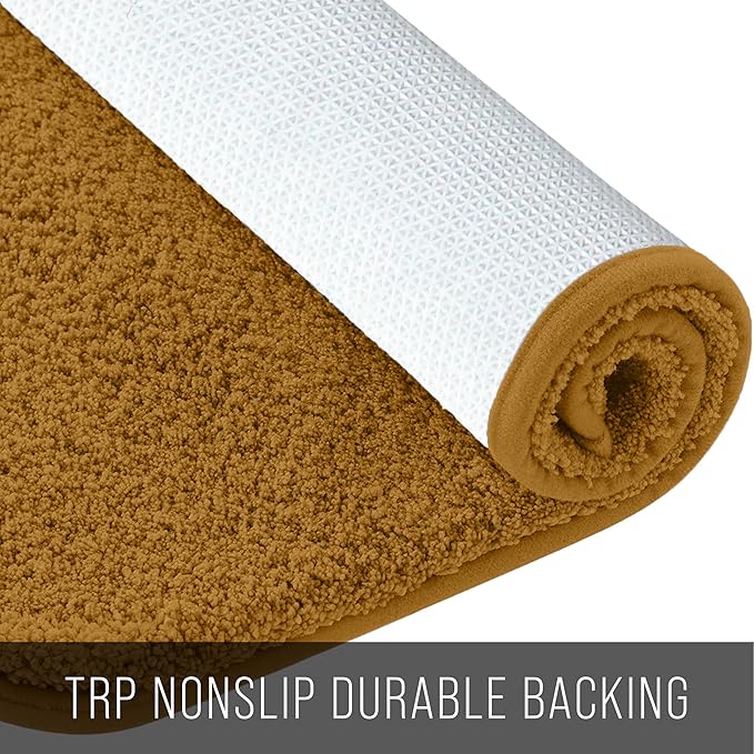 Rolled brown bathmat with textured non-slip white backing, durable bathroom mat