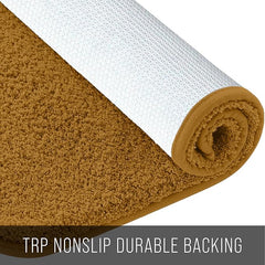 Rolled brown bathmat with textured non-slip white backing, durable bathroom mat