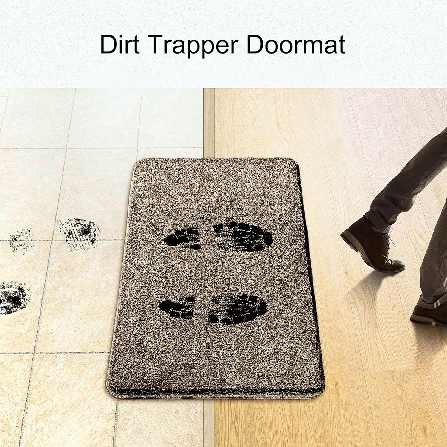 Dirt trapper doormat with muddy footprints on tile and a person stepping onto it from wood floor