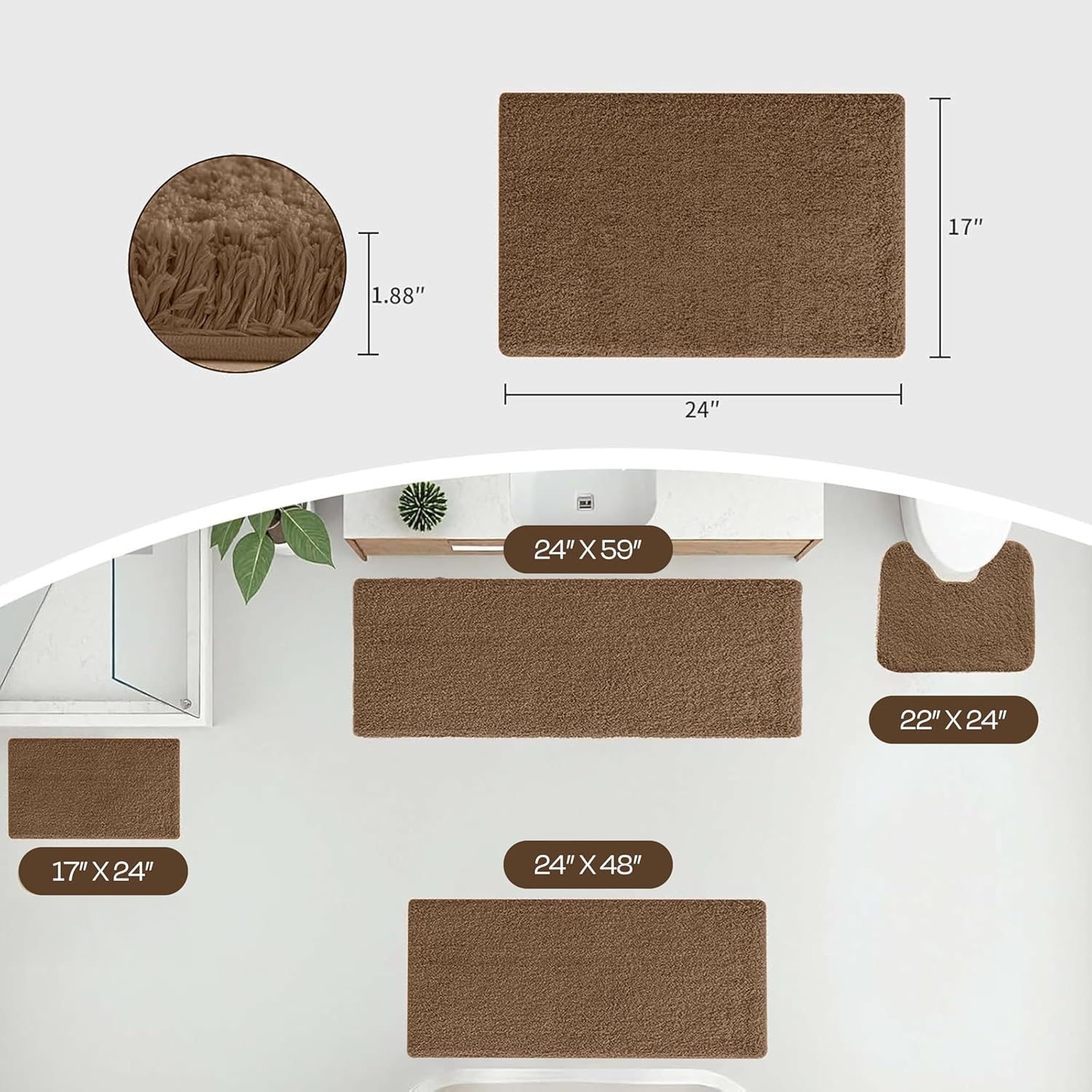 Brown bathmats in multiple sizes displayed in a bathroom, soft shag texture, size labels shown