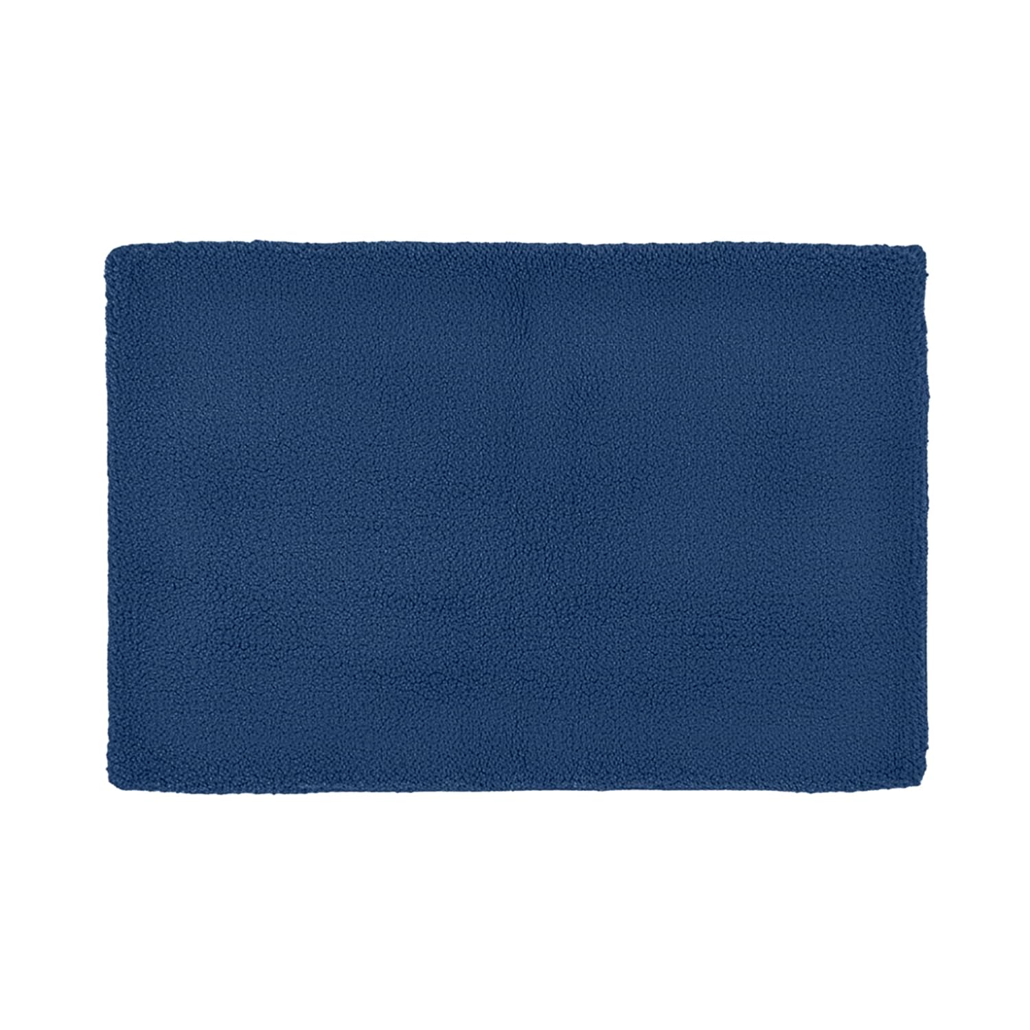 Dark blue textured bathmat, rectangular, soft fabric, home essentials