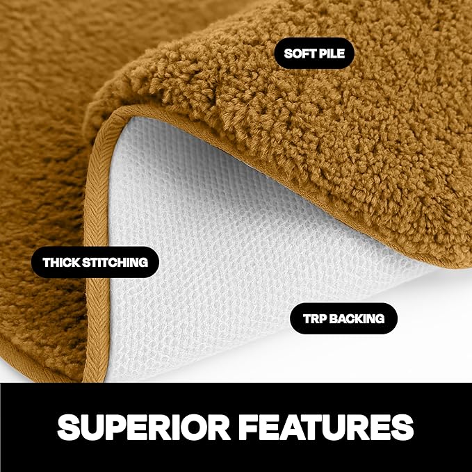 Brown bathmat with soft pile, thick stitching, and TRP backing, showing superior features.