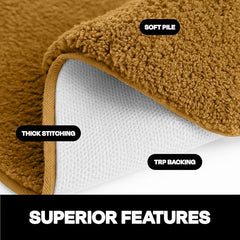Brown bathmat with soft pile, thick stitching, and TRP backing, showing superior features.
